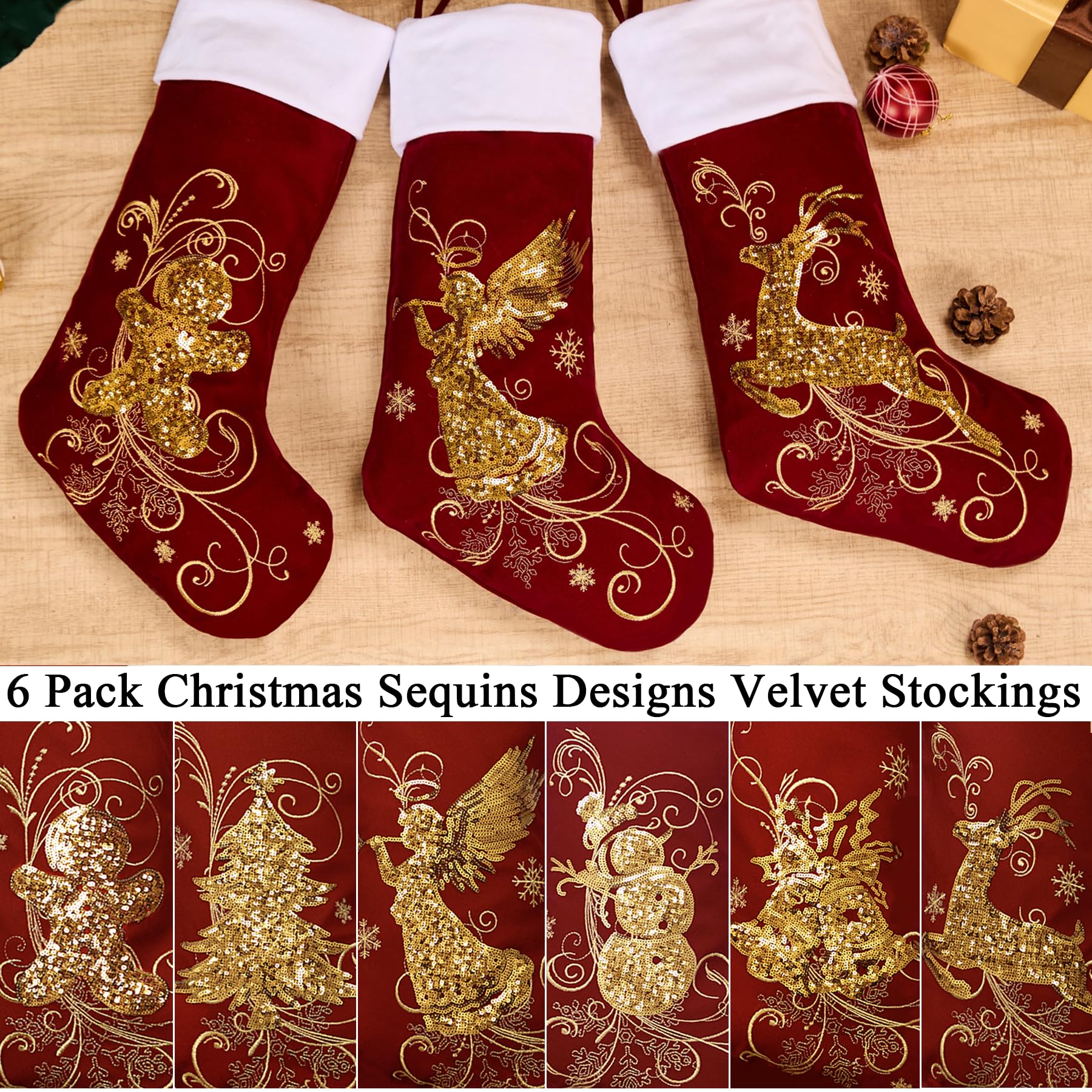 Roycraft Weihnachtsstrümpfe, 5 Stück, Samt, Gold, 48,3 cm, rote Pailletten, Weihnachtsstrümpfe, Kamin, hängende Ornamente, für Familiendekorationen, Urlaub