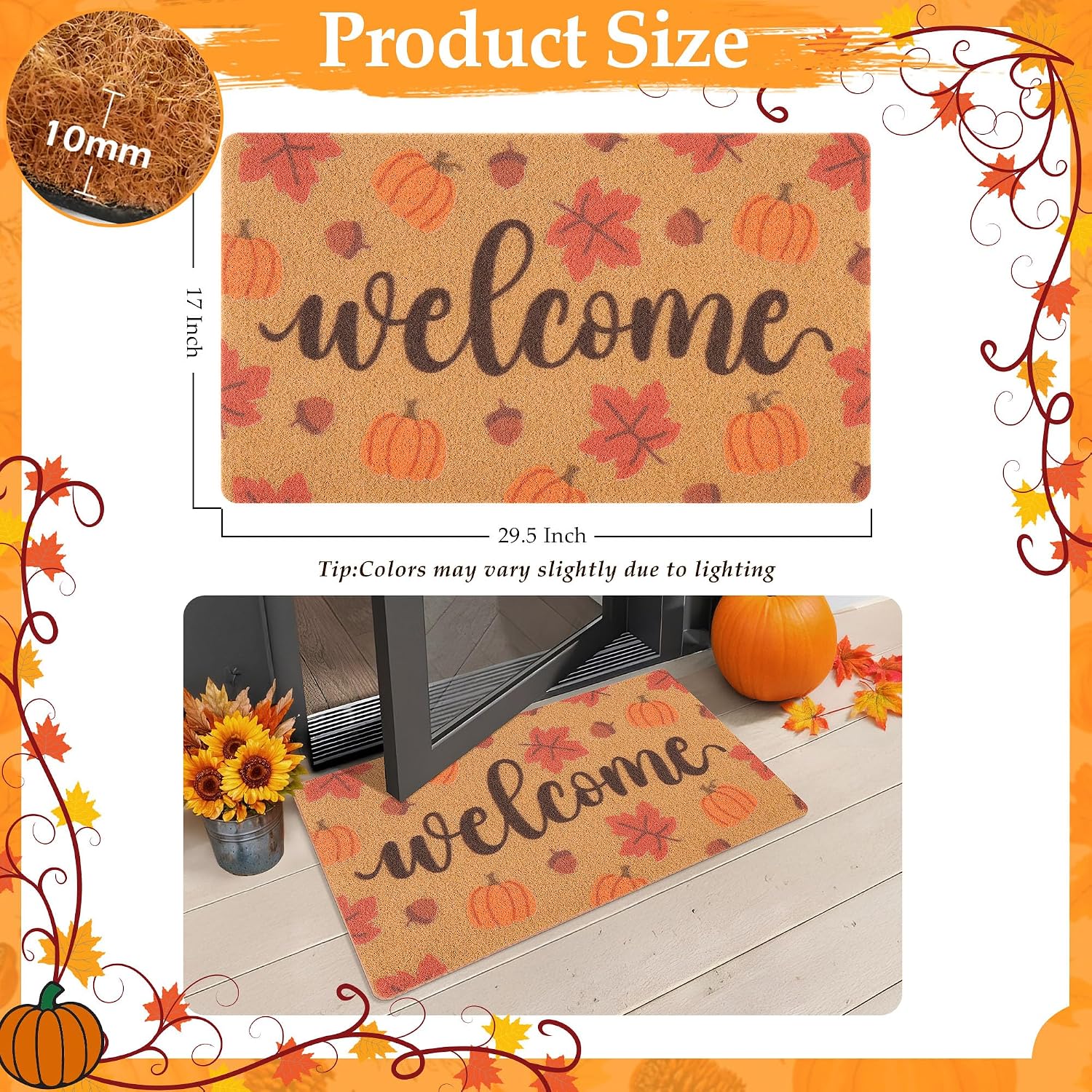 Fall Welcome Door Mat for Front Door, Pumpkin & Maple Leaves Doormat Design