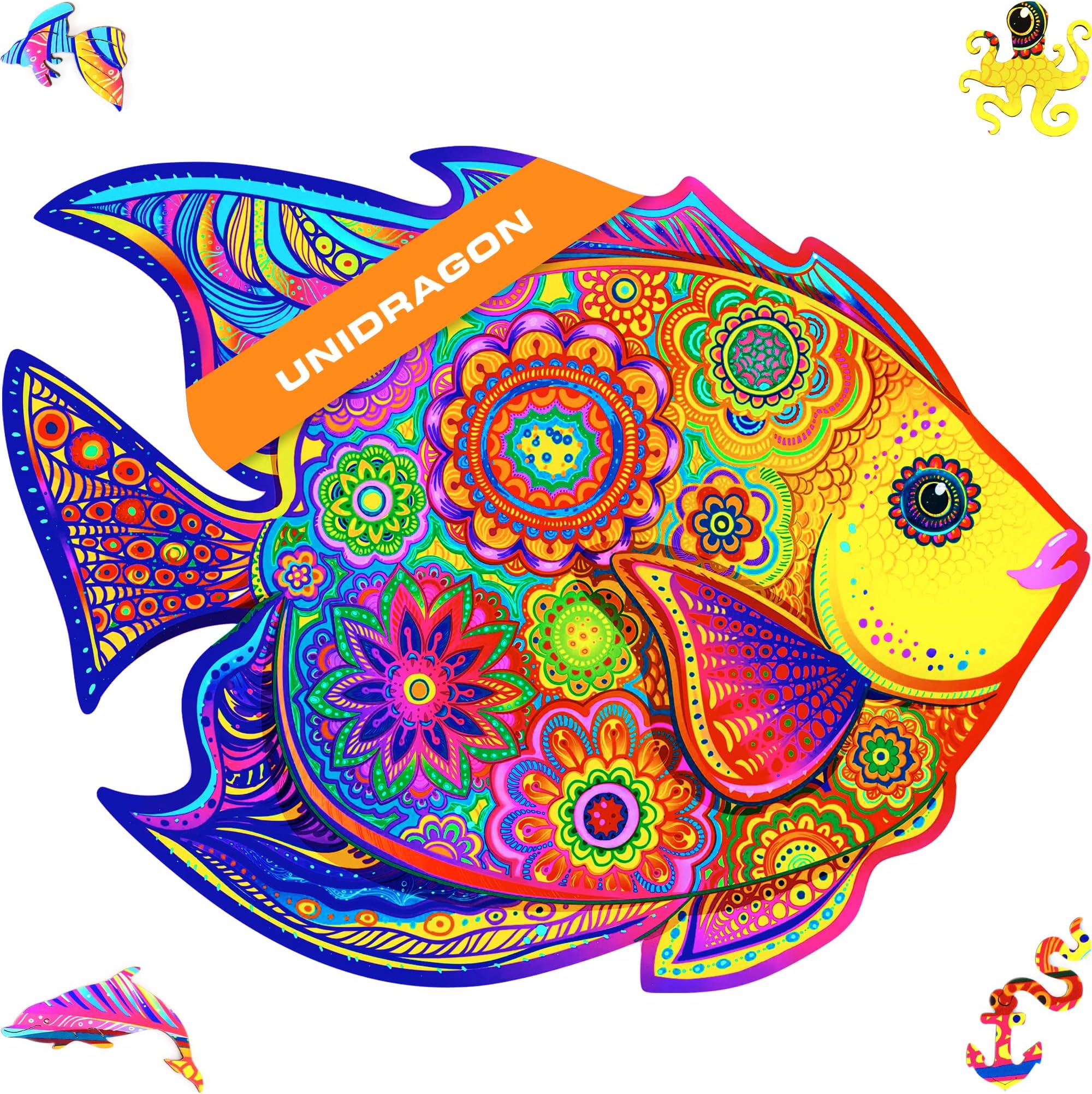 UNIDRAGON Original Wooden Puzzle – Shiny Fish, 196 Pieces, Medium 12.6 x 9.6 Inches (32 x 24 cm) Beautiful Gift Packaging, Unique Shape Best Gift for Adults