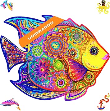 UNIDRAGON Original Wooden Puzzle Shiny Fish, 196 Pieces, Medium 12.6 x 9.6 Inches 32 x 24 cm Beautiful Gift Packaging, Unique Shape Best Gift for Adults