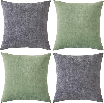GAWAMAY Pack of 2 Couch Throw Pillow Covers 18x18 Inch Soft Square Chenille Pillow Cover for Sofa Living Room Bedroom Car Solid Dyed Pillow Cases Only Pillowcases 45x45cm,Green, Grey