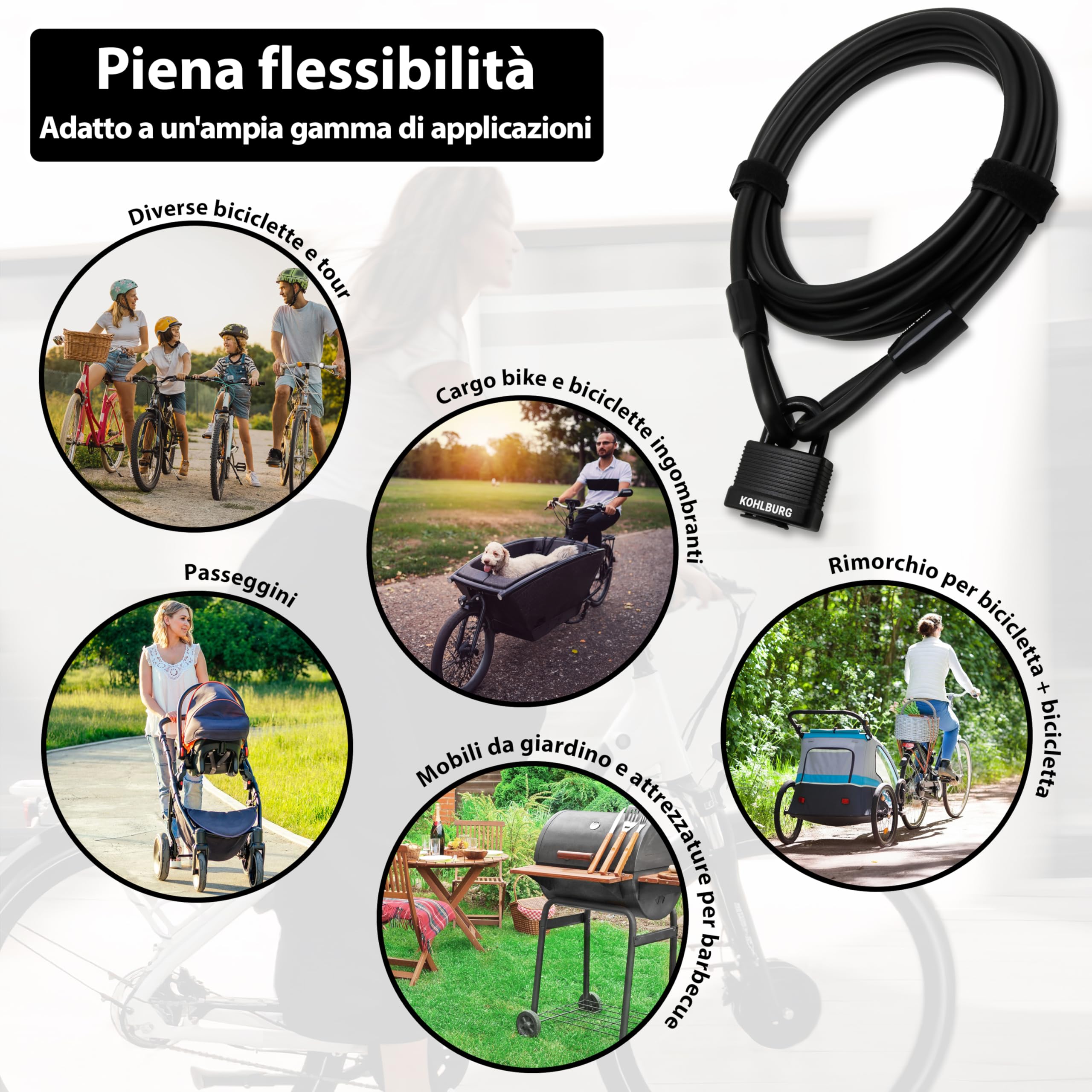 KOHLBURG antifurto bici a cavo acciaio da 5 m – lucchetto bici con chiusura a chiave a scatto cavo da 500 cm – per catenaccio bici elettrica, per rimorchio, bicicletta, monopattino e passeggino