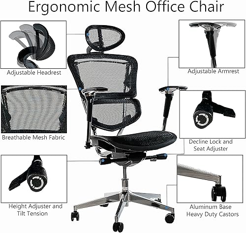 Miniatura 6 de Ergomax Silla giratoria de oficina ejecutiva ajustable con alto reposacabezas deslizador de asiento malla negra base y respaldo de aluminio altura