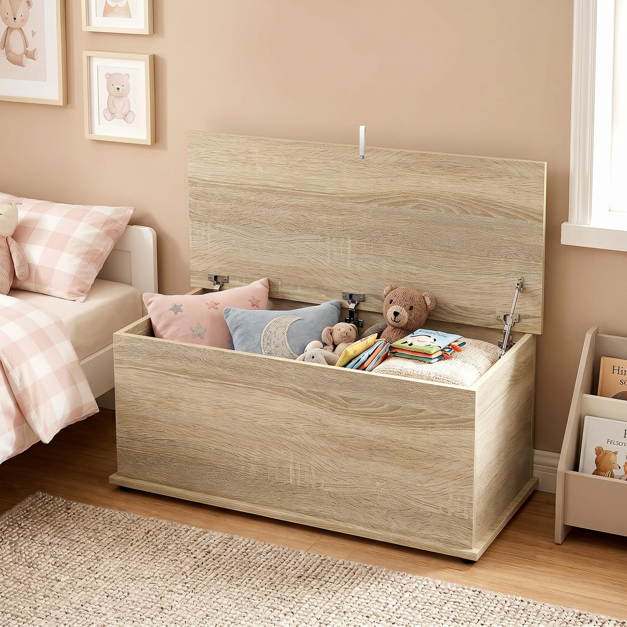 HOMCOM Aufbewahrungsbox, Bank mit Klappdeckel und Sicherheitsscharnieren, Schuhbank, Eingangsmöbel, Flur, Schlafzimmer, Wohnzimmer, 100 x 40 x 40 cm, Naturholzoptik