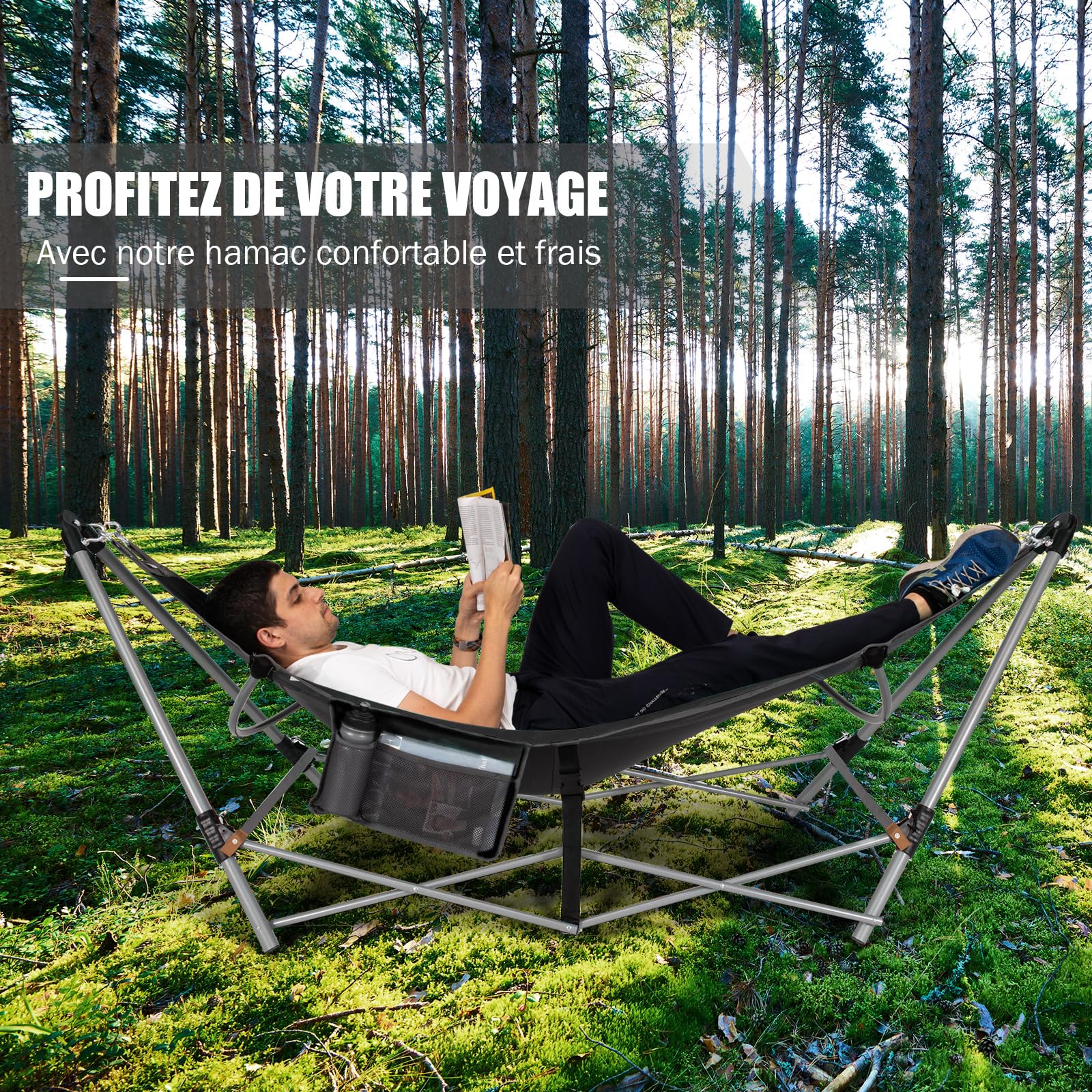 COSTWAY Hamac sur Pied, Hamac Pliant avec Support Métallique et en Tissu d’Oxford, Poche Latérale et Boucles Anti-Basculement, pour Porche, Patio, Jardin, Charge 150KG, 227 x 82 x 89CM