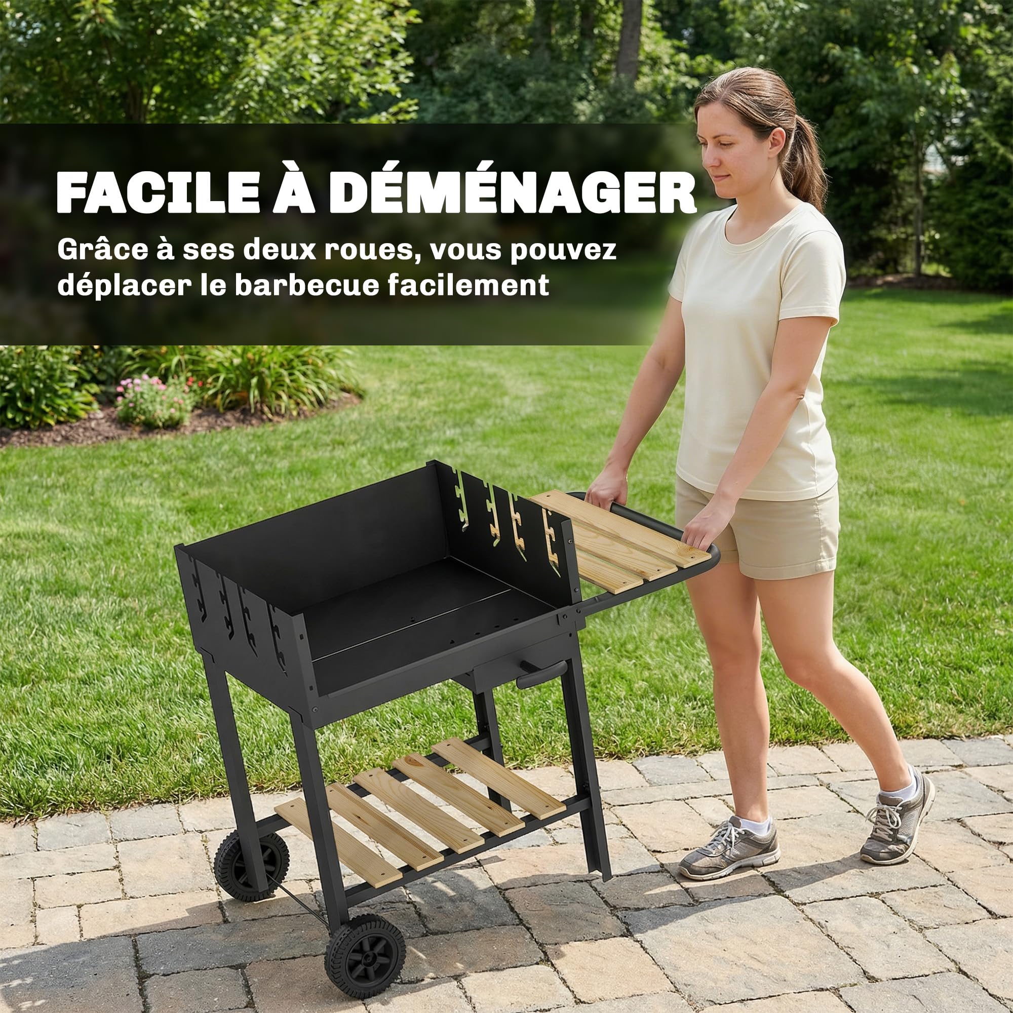 Outsunny Barbecue au Charbon de Bois avec 2 Grilles Réglableset 3 Accessoires, Chariot à Barbecue de Bois, Tablette Latérale, Récupérateur de Cendres et Roues, pour Jardin, Terrasse, Camping, Noir