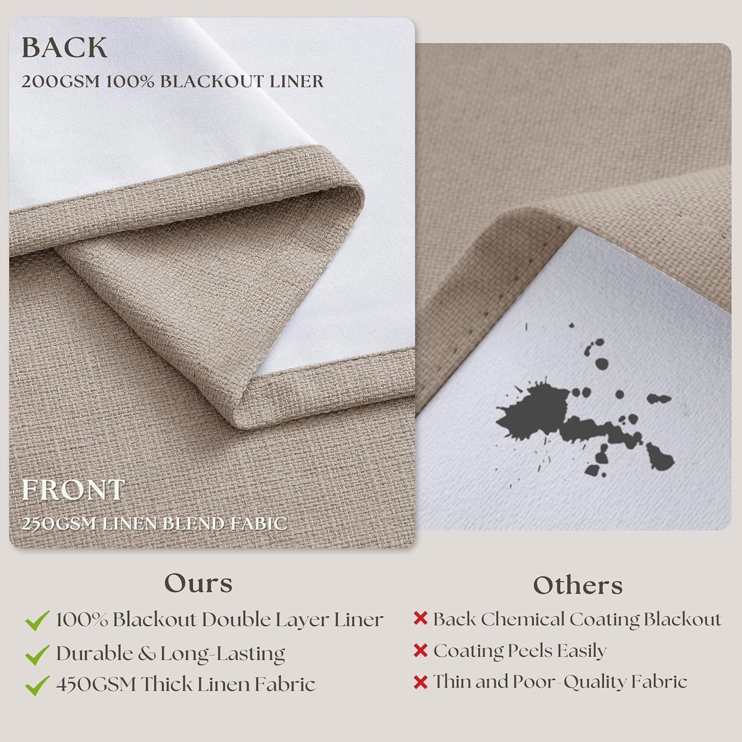 108 Inch Pinch Pleat Drapes Greyish Beige Room Darkening Curtains 108 Inches Long for Bedroom Neutral Farmhouse 100% Blackout Thick Linen Double Layer Pleated Curtain 2 Panels Set Burlywood Birch