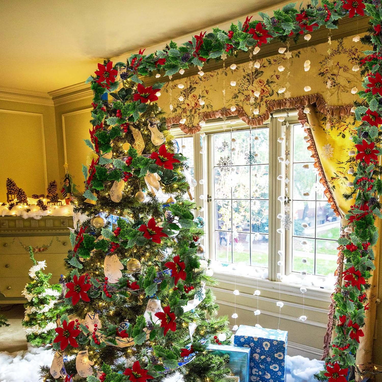 LEGOTA 3Pcs 8.53Ft Green Holly Red Berry Garland, Artificial Christmas Garland with Pine Cones and Poinsettia for Indoor Outdoor Home Decor