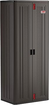 Suncast 19 Cubic Ft. Heavy-Duty Resin Cabinet with Lockable Handles, Multi-Wall Construction, and Metal-Reinforced Shelves for Basement, Utility Room and Garage Storage, Black, Made in the USA