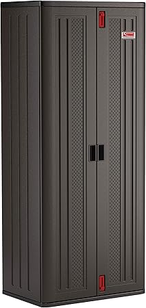 Suncast 19 Cubic Ft. Heavy-Duty Resin Cabinet with Lockable Handles, Multi-Wall Construction, and Metal-Reinforced Shelves for Basement, Utility Room and Garage Storage, Black, Made in the USA