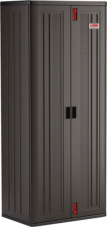 Suncast 19 Cubic Ft. Heavy-Duty Resin Cabinet with Lockable Handles, Multi-Wall Construction, and Metal-Reinforced Shelves for Basement, Utility Room and Garage Storage, Black, Made in the USA