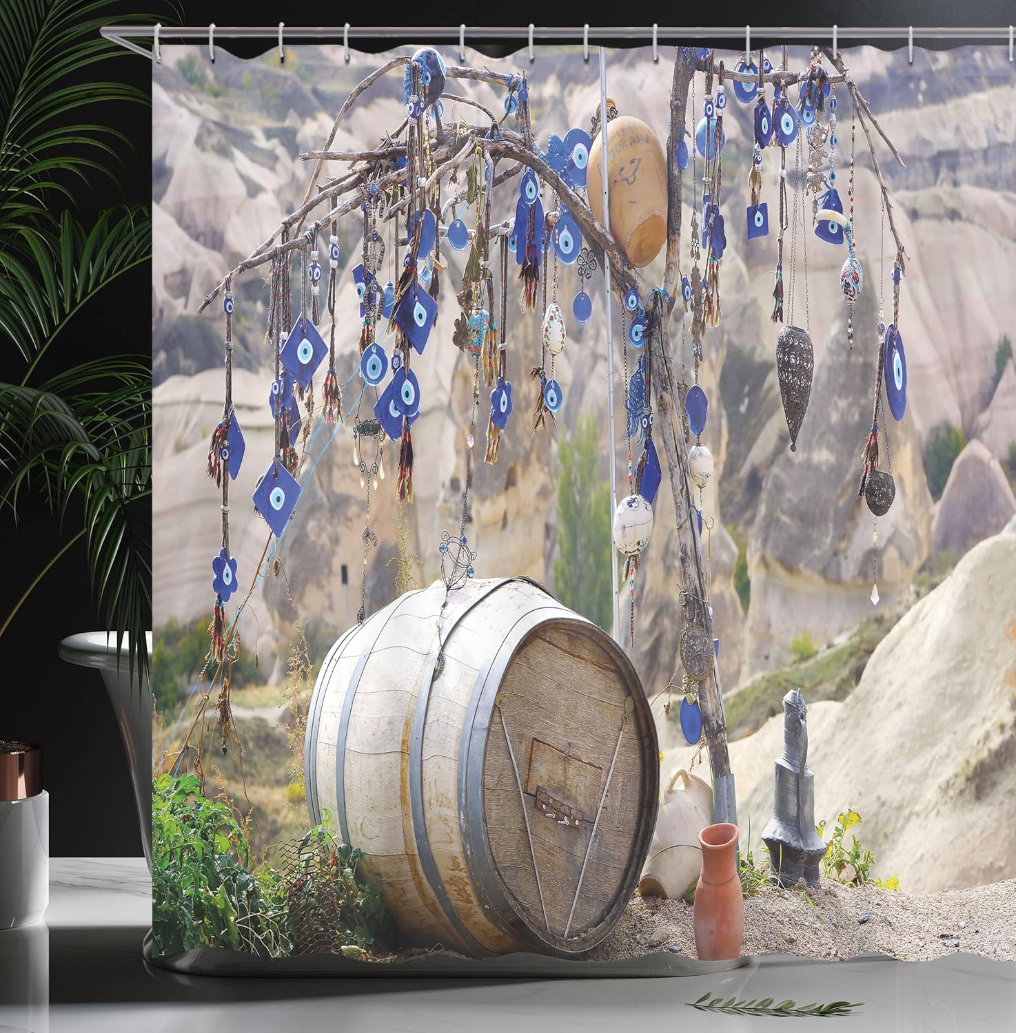 Ambesonne Evil Eye Shower Curtain, Picturesque Landscape with Evil Eyes on a Tree Cappadocia Turkey Anatolian Culture, Cloth Fabric Bathroom Decor Set with Hooks, 69" W x 84" L, Blue Grey