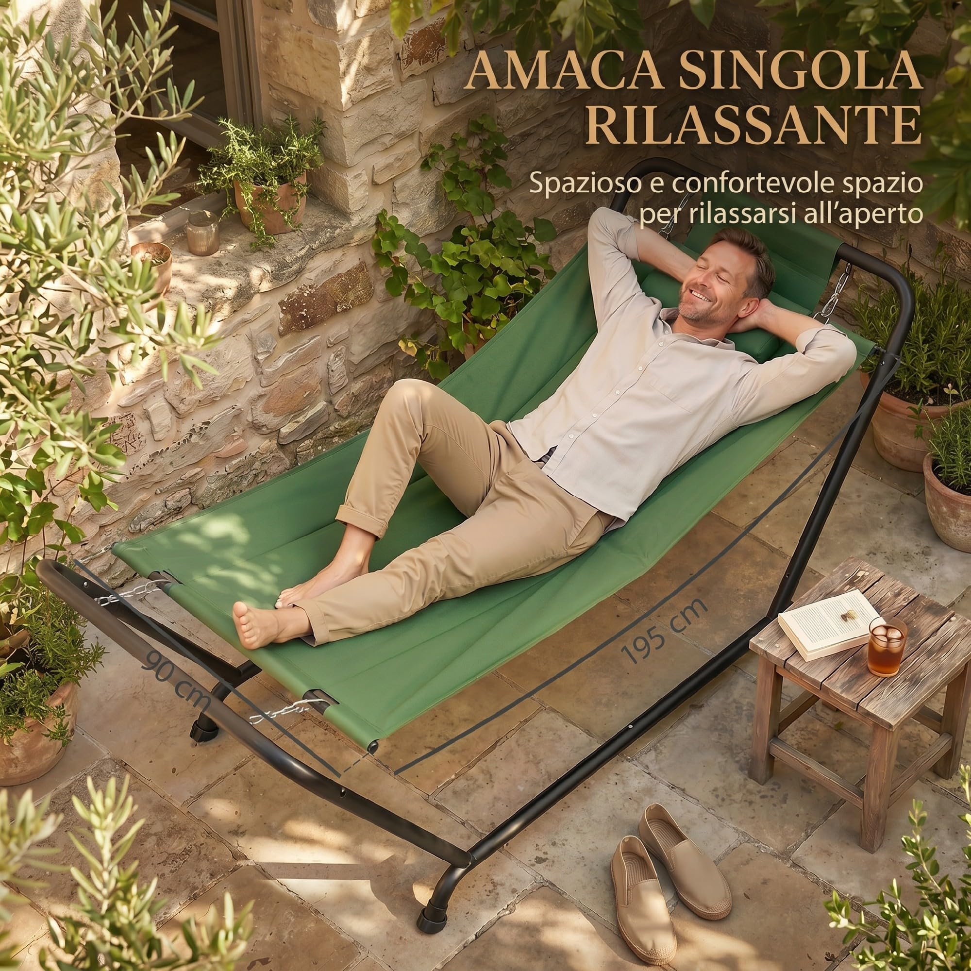 Outsunny Amaca da Esterno con Supporto Autoportante in Metallo, Amaca con Tasca Laterale e Poggiatesta, Portata 150 kg, per Giardino Balcone Veranda, 237x90x92 cm, Verde Scuro