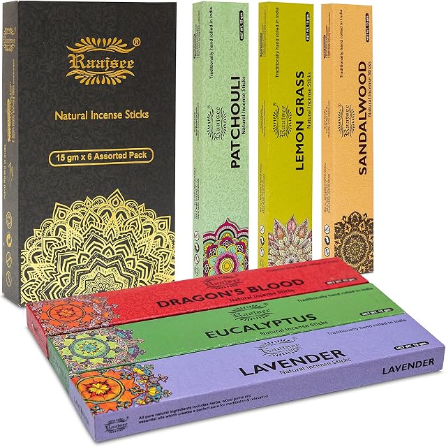 raajsee Incense Sticks 6 Pack Variety Set 15gm Each, Lavender-Sandalwood-Patchouli-Dragon Blood-Eucalyptus-Lemon Grass-100% Organic Hand Rolled- Perfect for Church,Aromatherapy,Relaxation Meditation