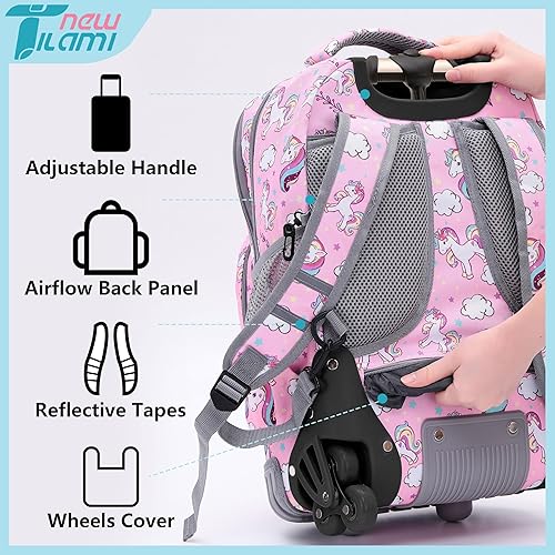 Miniatura 7 de NEW TILAMI Mochila con ruedas de unicornio para niños, mochila ajustable para laptop de 18 pulgadas con ruedas para niñas, para la escuela, viajes,