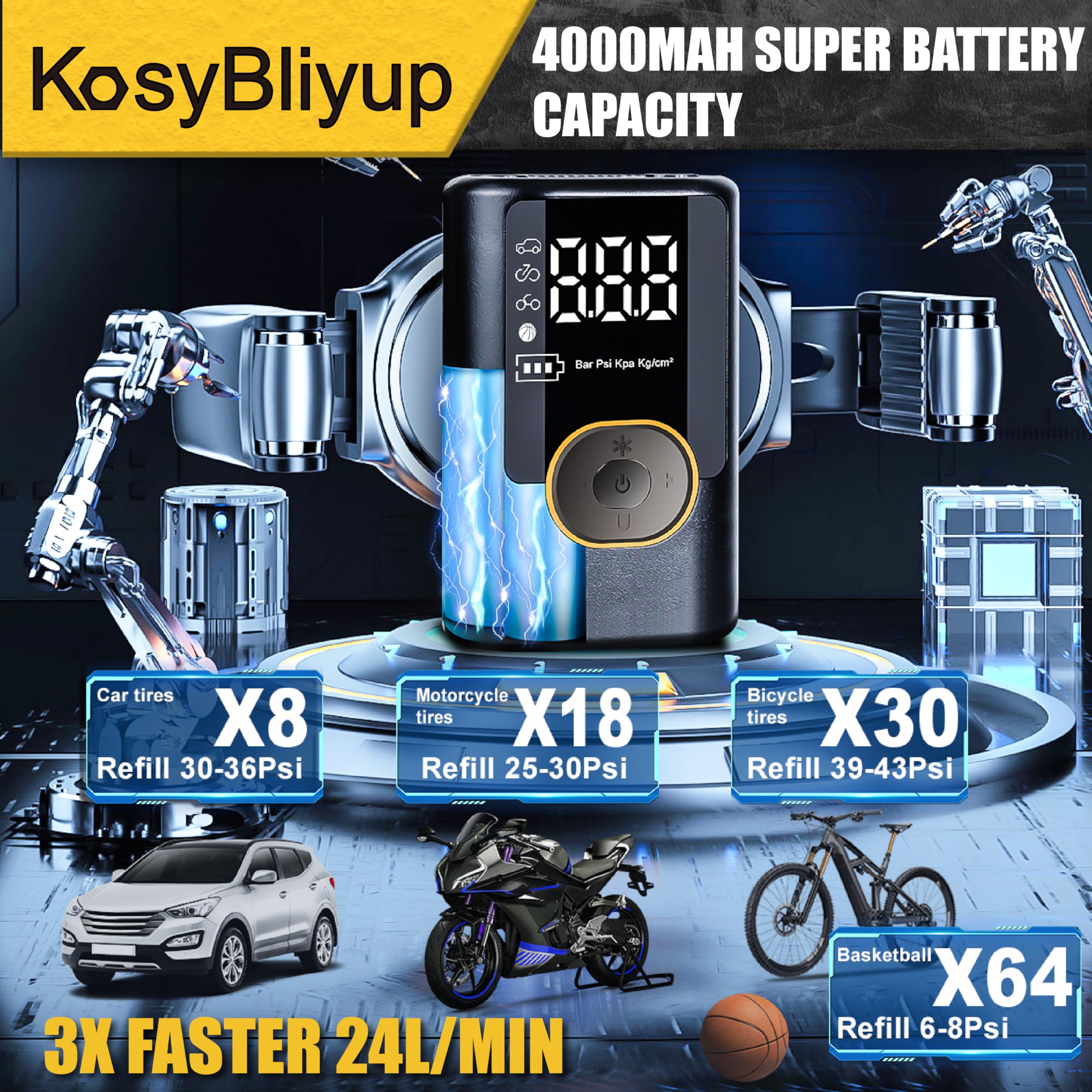 Inflador de neumáticos portátil compresor de aire 150 PSI, bomba de aire inalámbrica para neumáticos de coche, motocicleta, bicicleta, bolas con manómetro, luz LED, apagado automático