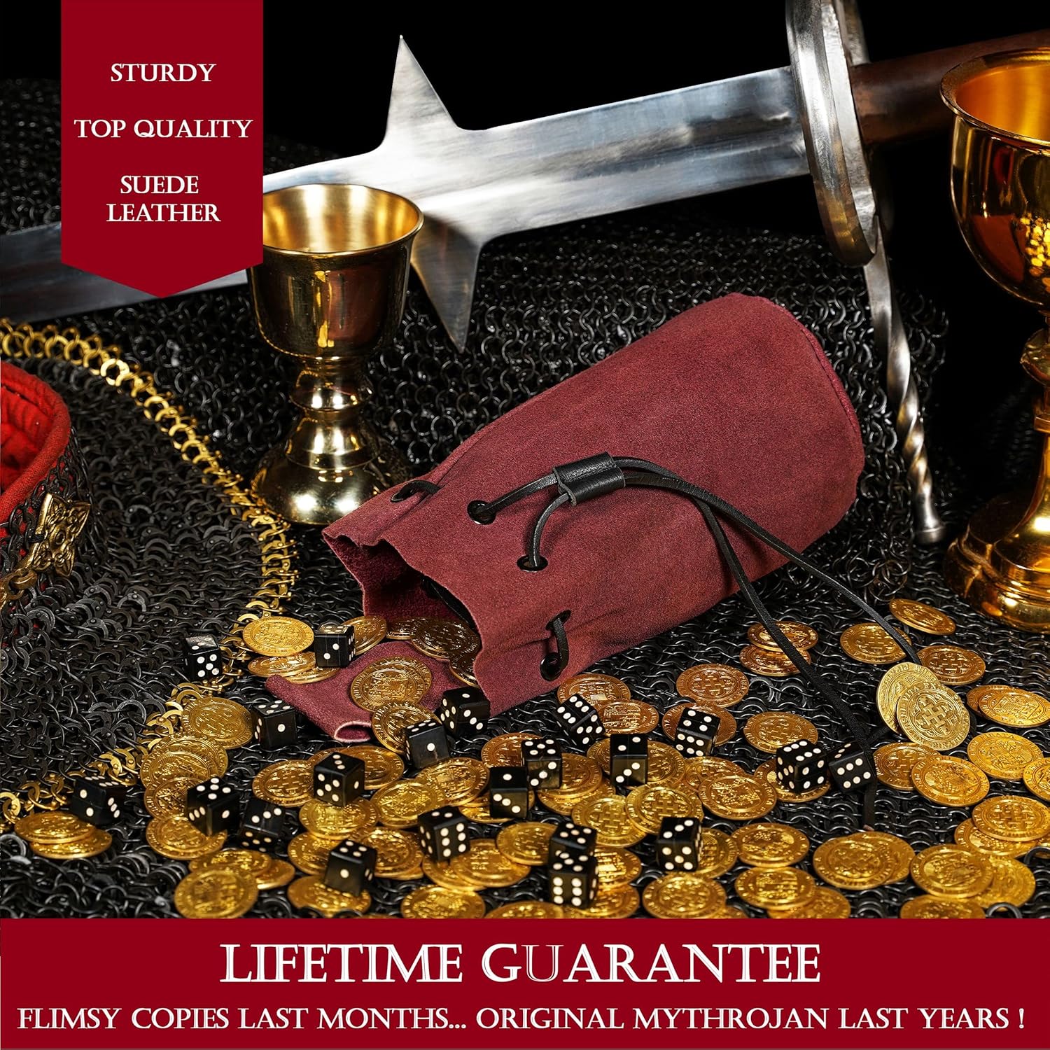 Mythrojan Drawstring Belt Bag Renaissance Costume Accessories Medieval Suede Leather Purse Viking Coin Jewelry Pouch Waist Bag for LARP, Festivals, Renfaire, Reenactments - Wine Red, 8" x 6.5" - Image 6