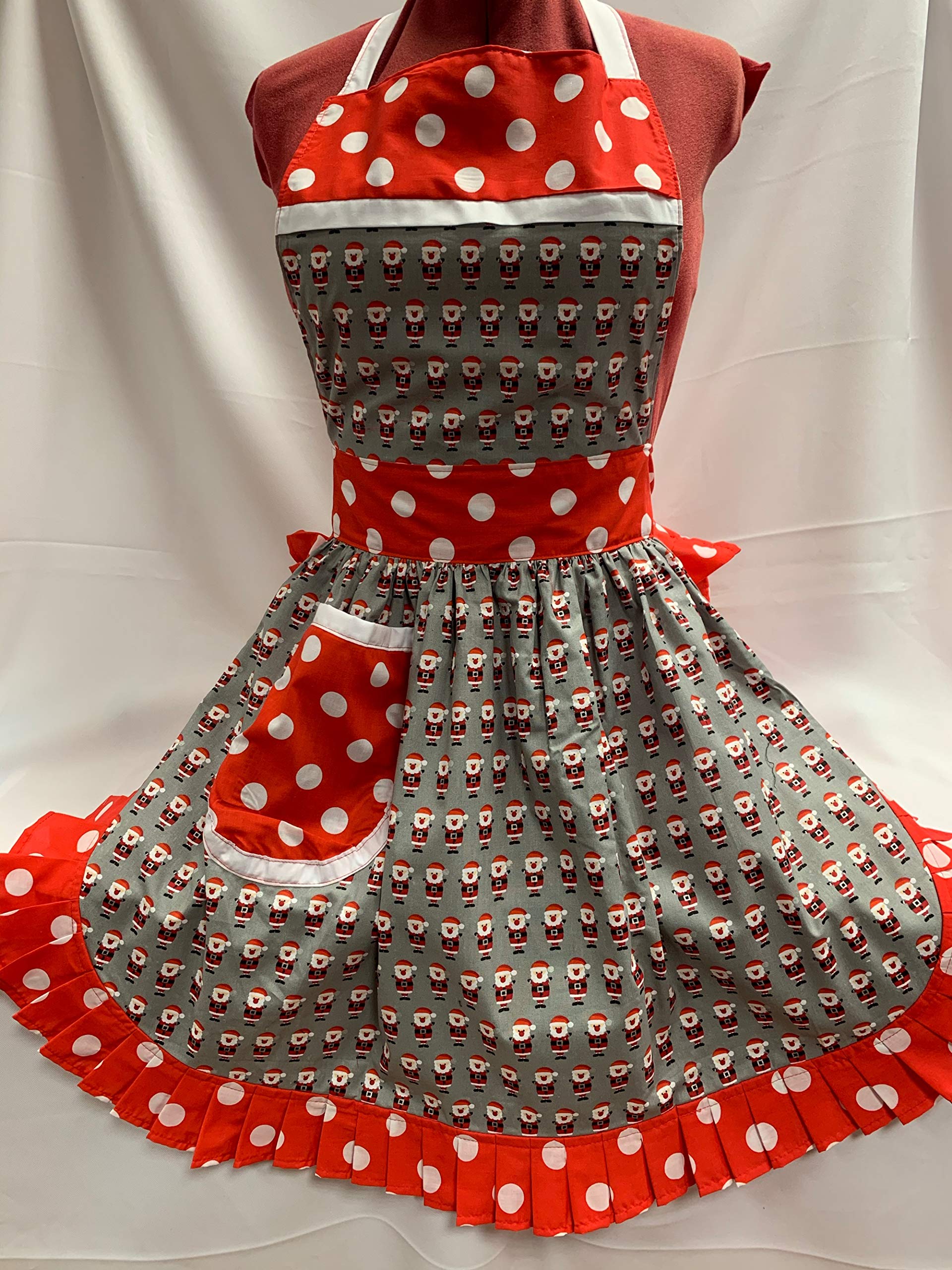 Fabrique Creations - Retro Vintage 50s Style Full Apron/Pinny - Christmas Santas - Grey/Red With Red & White Spot Trim (FC015XF)