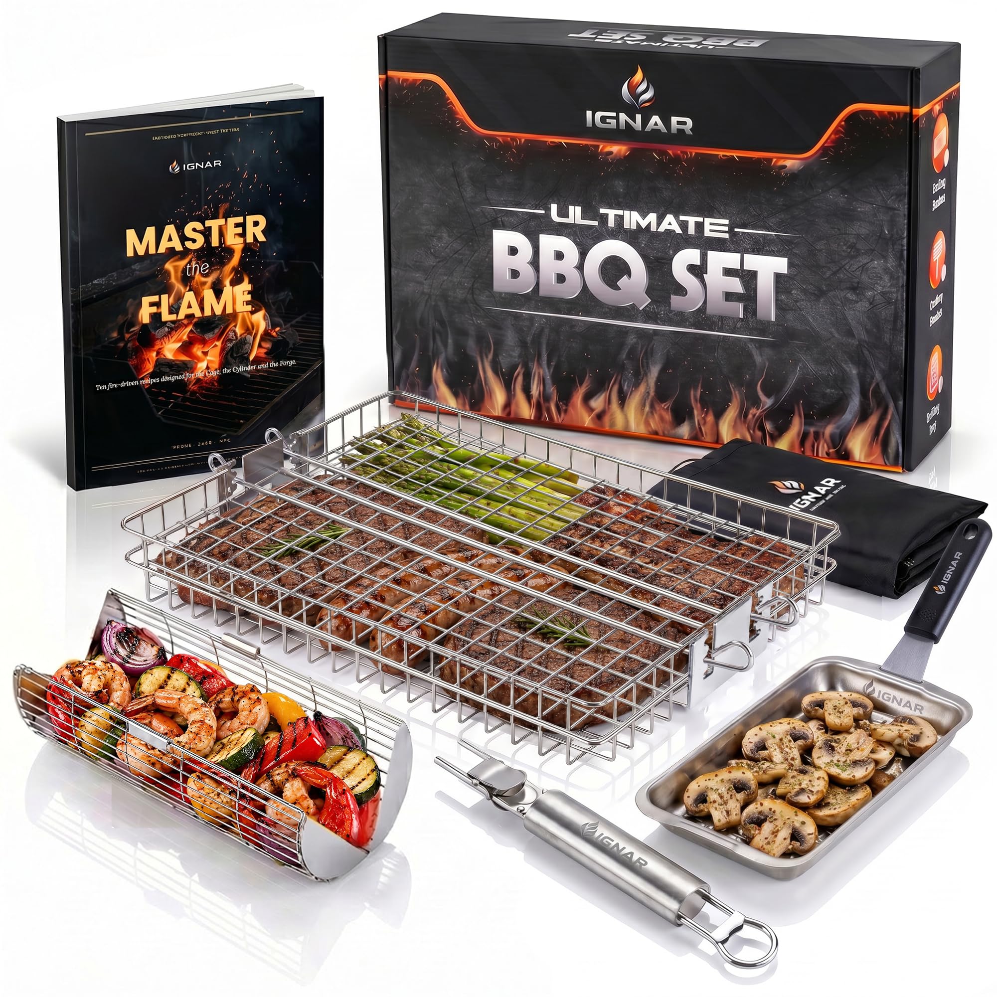 IGNAR Grill Basket Set for Outdoor Grill - Rolling Basket, Fish Basket &amp; Draining Tray with 2 Removable Handles - Stainless Steel BBQ Grilling Accessories for Veggies, Shrimp &amp; Meat