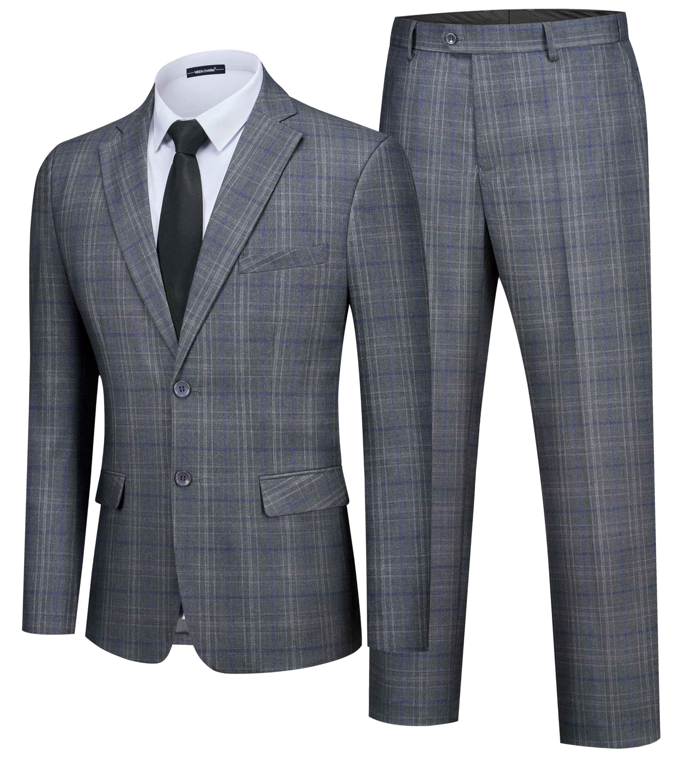 WEEN CHARM Men's 2 Piece Slim Fit Plaid Suit Business Casual Blazer Pants Set for Formal Wedding Prom Office Party