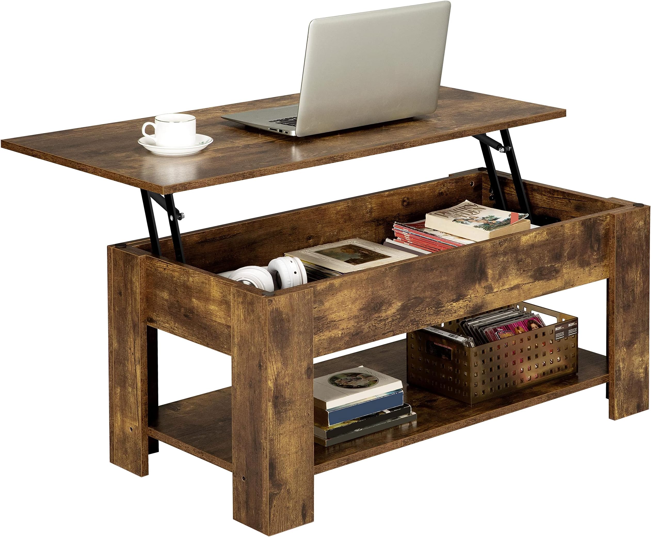 Yaheetech Lift Up Coffee Table, Wooden Lifting Tea Table with Hidden Storage Drawer and Open Shelf for Living Room/Reception, Rustic Brown, 98x50x(42-56) cm