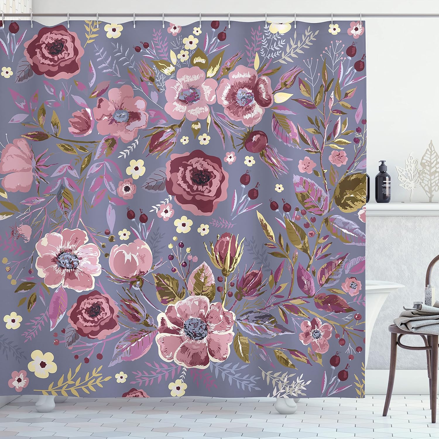 Ambesonne Floral Shower Curtain, Shabby Form Flowers Roses Petals Dots Leaves Buds Spring Season Theme Image Artwork, Cloth Fabric Bathroom Decor Set with Hooks, 69" W x 84" L, Rose Mauve