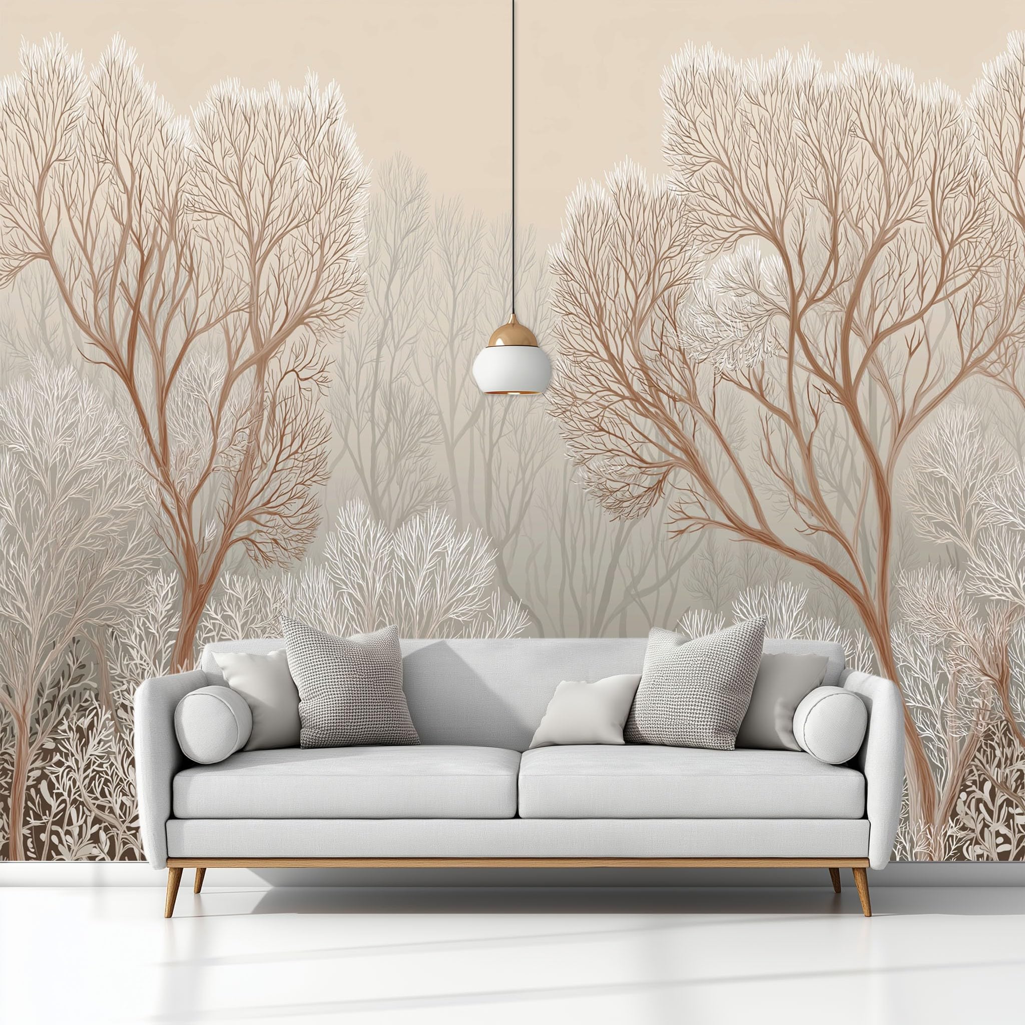 Générique Panoramiczna tapeta skandynawski las drzewa szara mgiełka 300 x 210 cm - nowoczesny gobelin ścienny z włókniny do salonu, sypialni lub pokoju dziecięcego