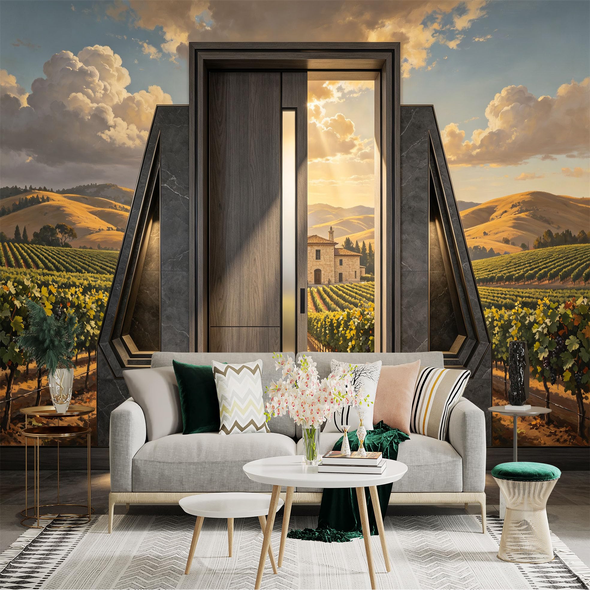 Custom Size Wall Sticker Mural， Vineyard Landscape with Sunset Hills and Rustic Countryside， for wall Decoration， peelandstick wall Decals.