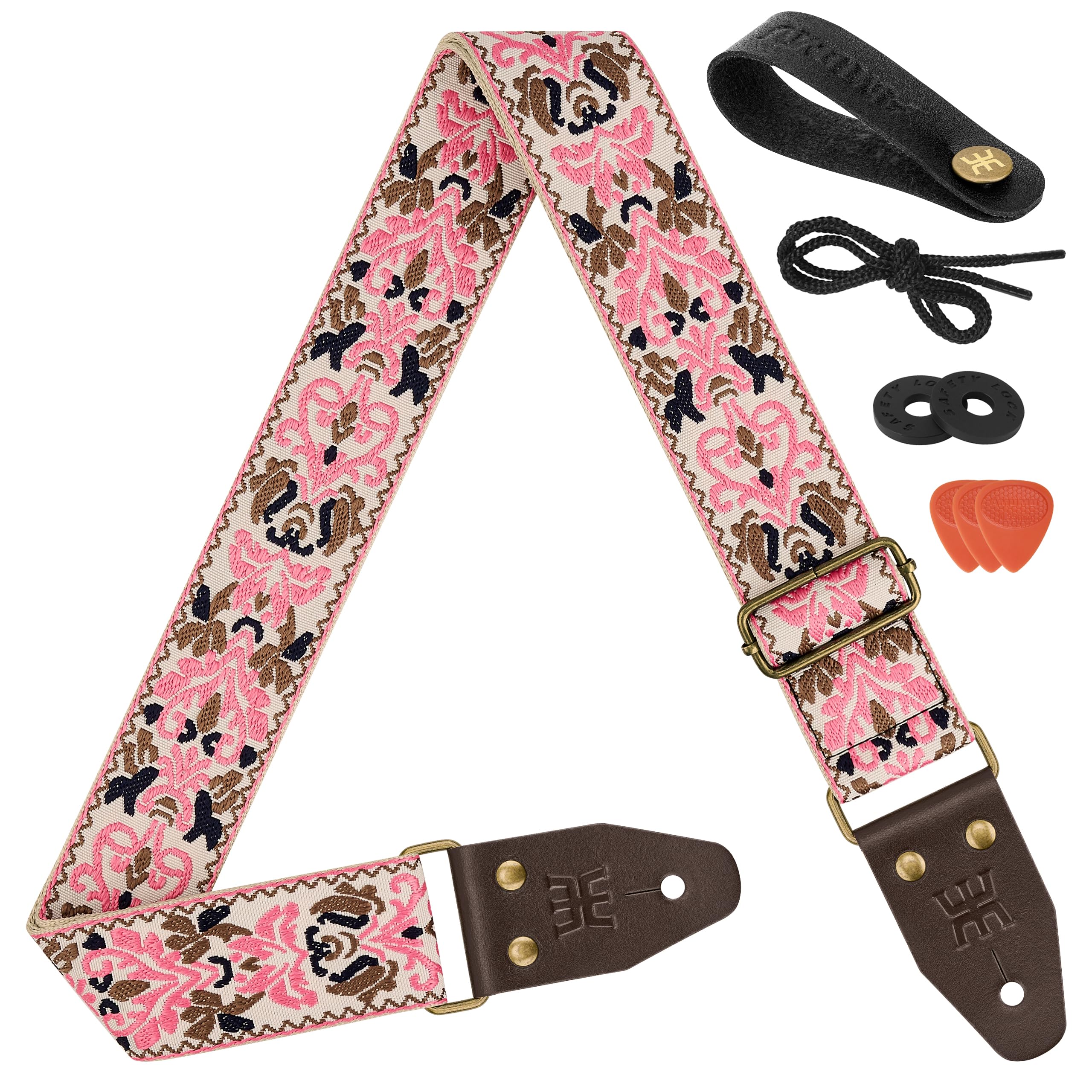 Amumu Pink Spades Heart Embroidery Guitar Strap - Vintage Style with Top Grain Cowhide Leather Ends & Pick Pocket - Fits Bass, Electric, Acoustic Guitars