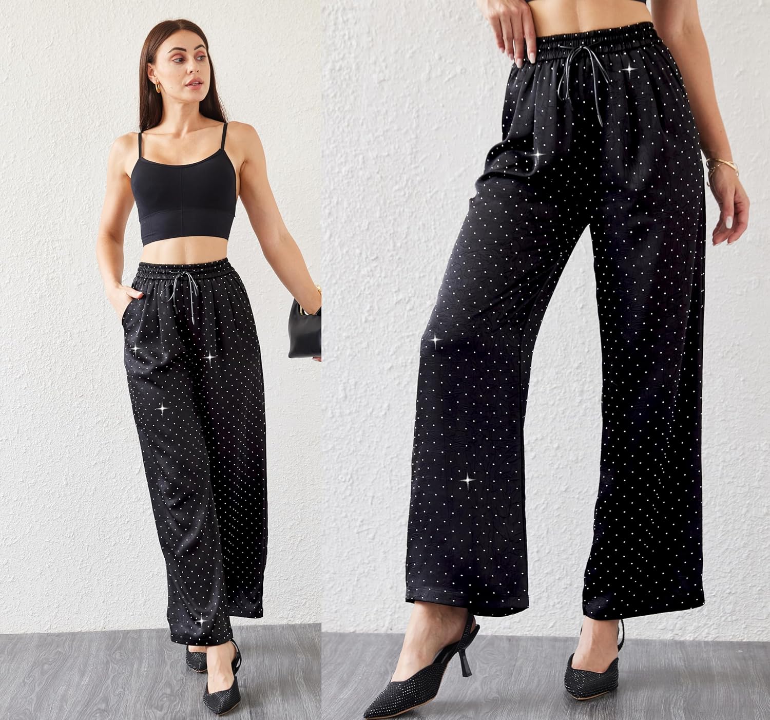 Women's Glitter Wide Leg Pants Satin Silky Sparkly Sequin Party Club Nightout Casual Slacks Pants - Image 4