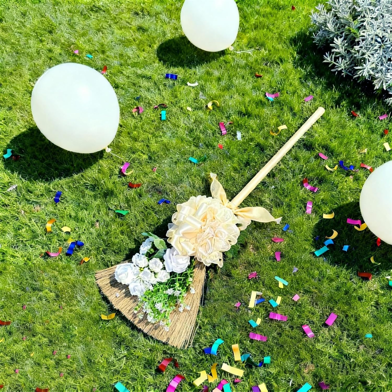 Wedding Broom for Jumping & Wedding Ceremony, DIY Decorative Broomstick with Ribbons, Artificial Pearl, Camellia, Roses - Ideal for African American Weddings
