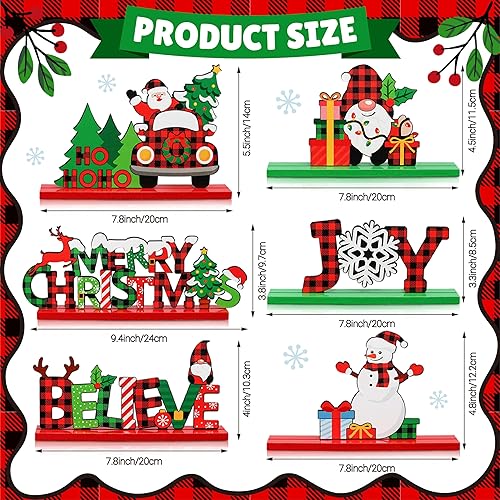 Miniatura 2 de 6 piezas de decoraciones navideñas de madera, decoraciones de mesa a cuadros de búfalo, letreros de centro de mesa navideño con Santa, muñeco de