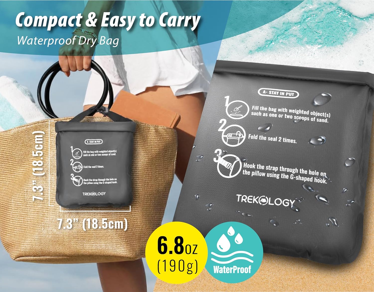 TREKOLOGY Beach Pillow for Sand, Inflatable Pillow for Beach with Removable Cover, Aluft Mint Beach Gear - Outdoor Pool Pillow, Stay Put on Windy Beaches with Sand Bag & Beach Chair Pillow with Strap