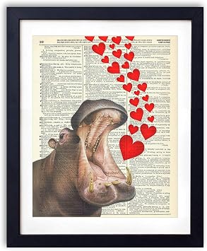 Hippo With Hearts Vintage Dictionary Art Print, Antique Wall Art Home Decor, Modern Boho Poster, Farmhouse Decoration Living Room Bedroom Office 8x10 Inches, Ready To Frame