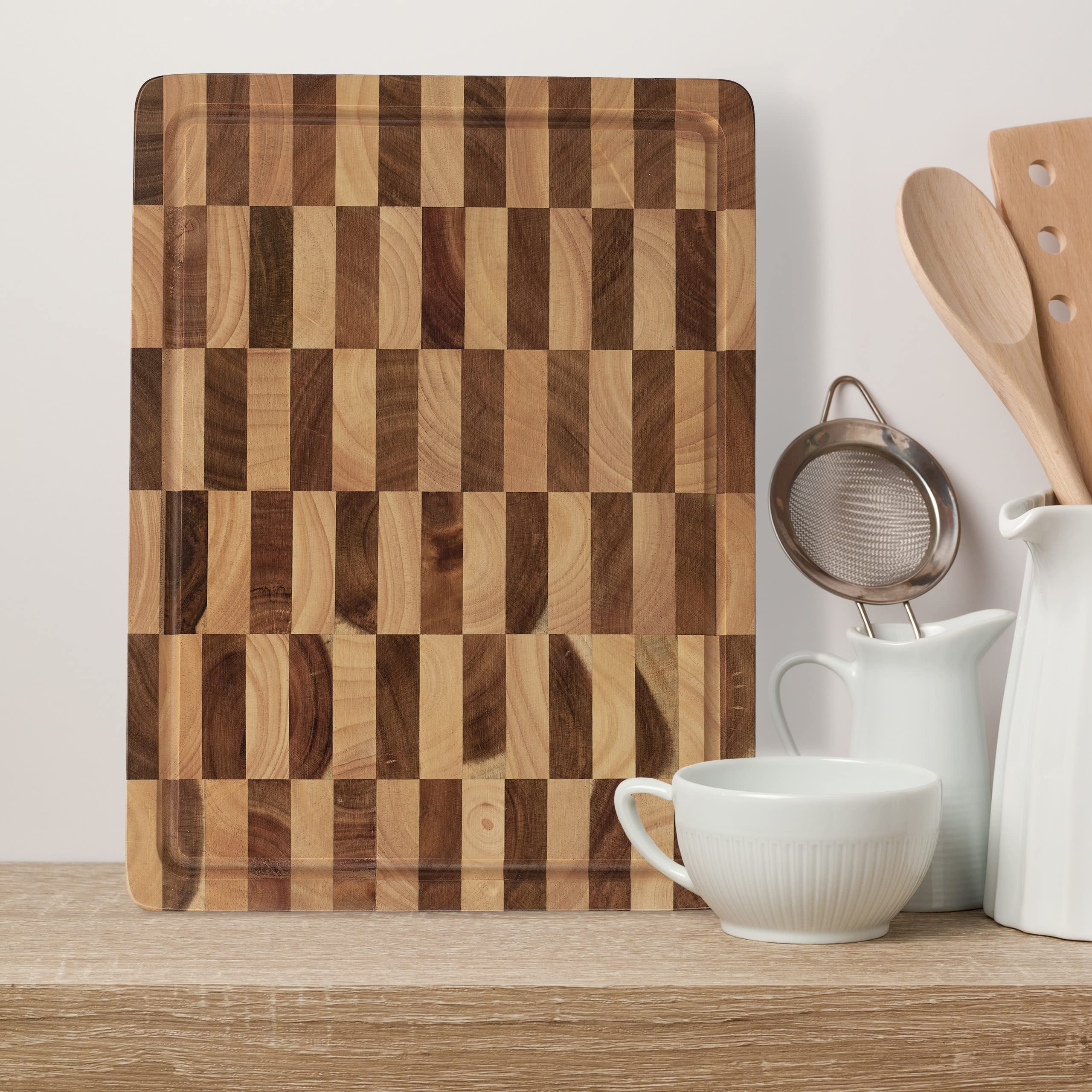 Relaxdays Tabla de Cortar, Madera Acacia, Bandeja Picar Carne Maciza, 40x30cm, Protege Cuchillos, Surco de Goteo, Marrón