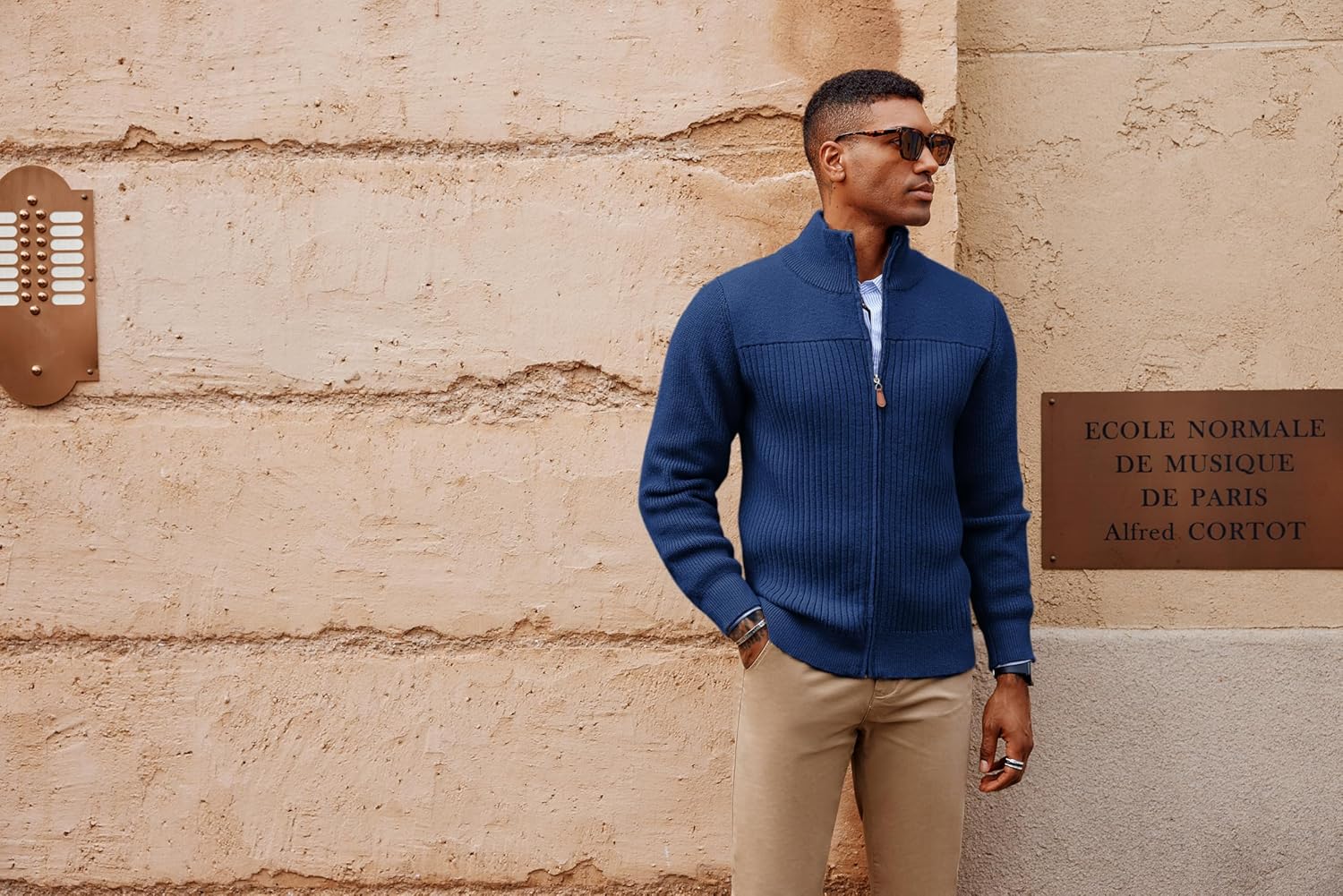 PJ PAUL JONES Men's Full Zipper Cardigan Casual Stand Collar Cardigan Sweater Ribbed Knit Long Sleeve Sweater - Image 3