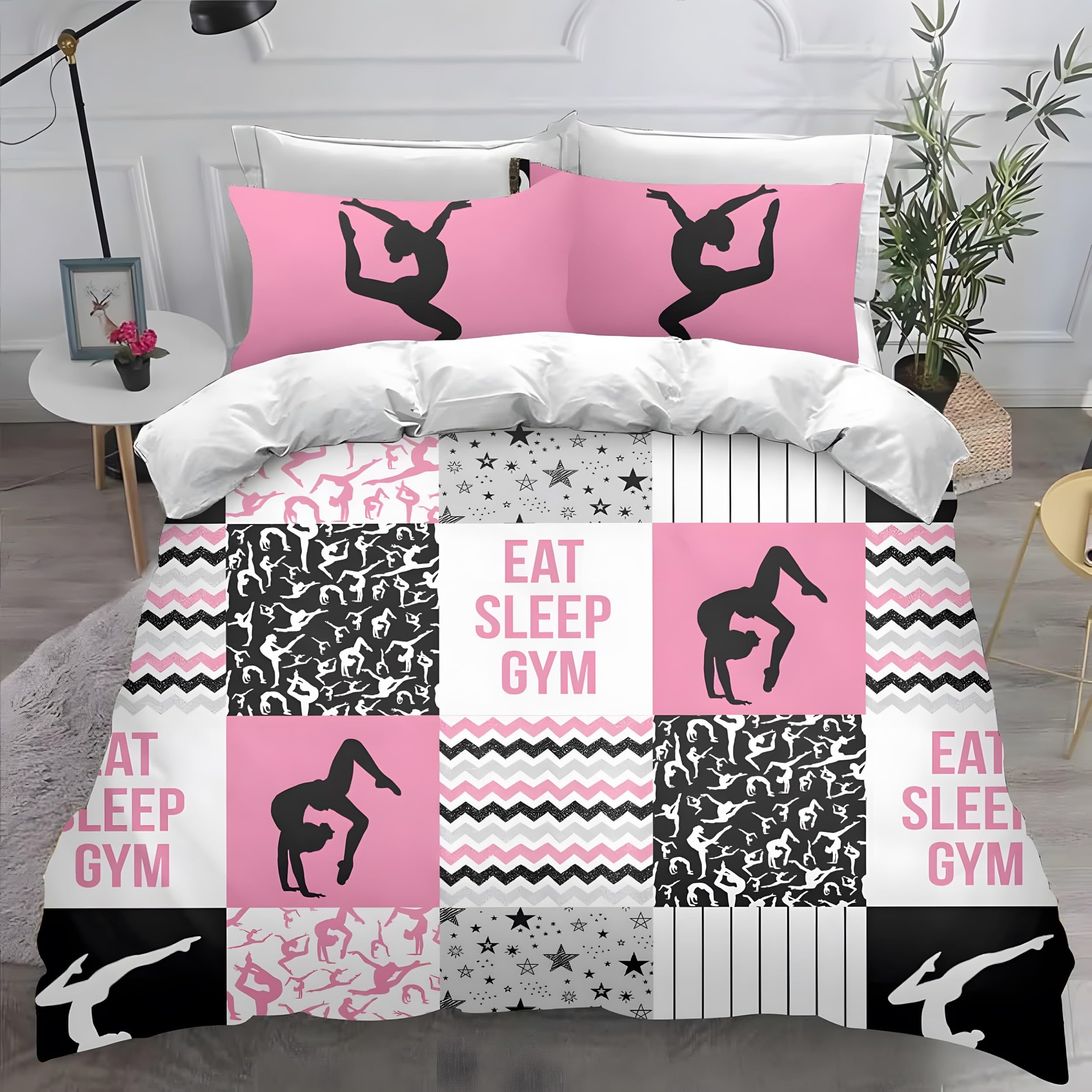 YZQGLHP Pink Gymnastics Double Duvet Cover Black & White Bedding Double Bed Set with Zipper Lightweight Microfibre Quilt Cover with 2 Pillowcases 50x75cm