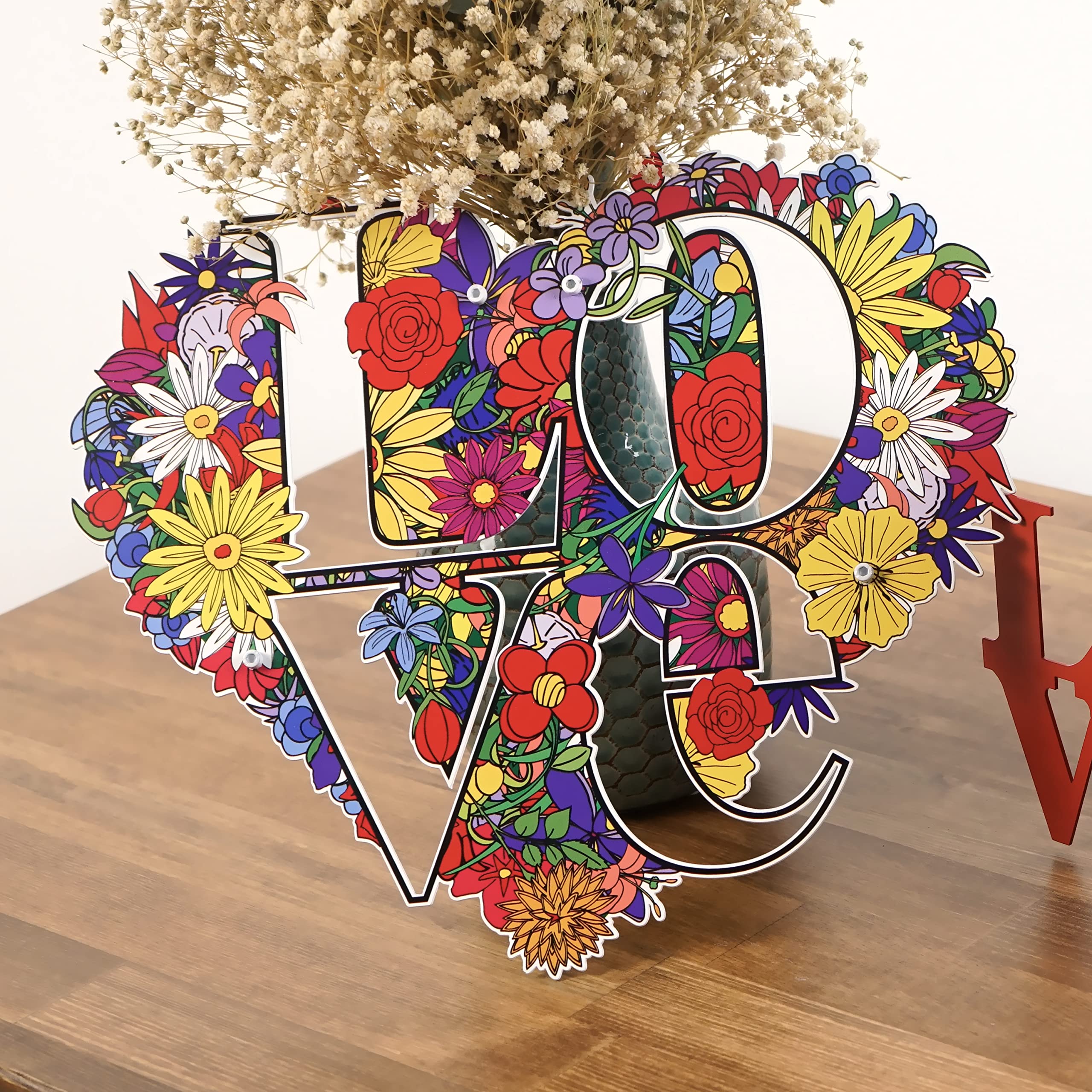 Love on Flowers - Stampa artistica da parete in metallo con stampa UV | Targa in metallo a forma di cuore, regalo per San Valentino, targa decorativa per coppie (53 x 45 cm)