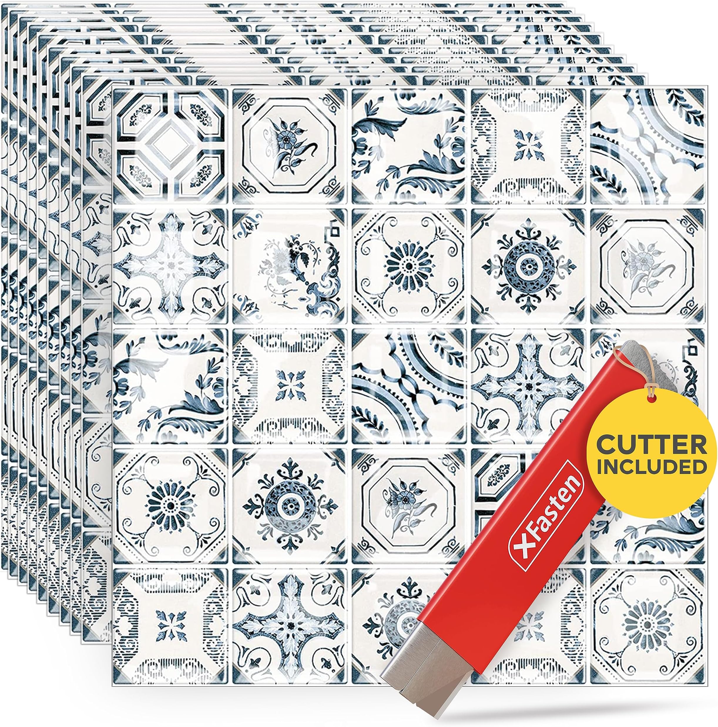 XFasten Square Peel and Stick Backsplash for Kitchen 10pcs 12” x 12” + Cutter Mediterranean Kitchen Backsplash Tile Peel and Stick Tiles Stick on Adhesive Backsplash Tile for Kitchen and Bathroom