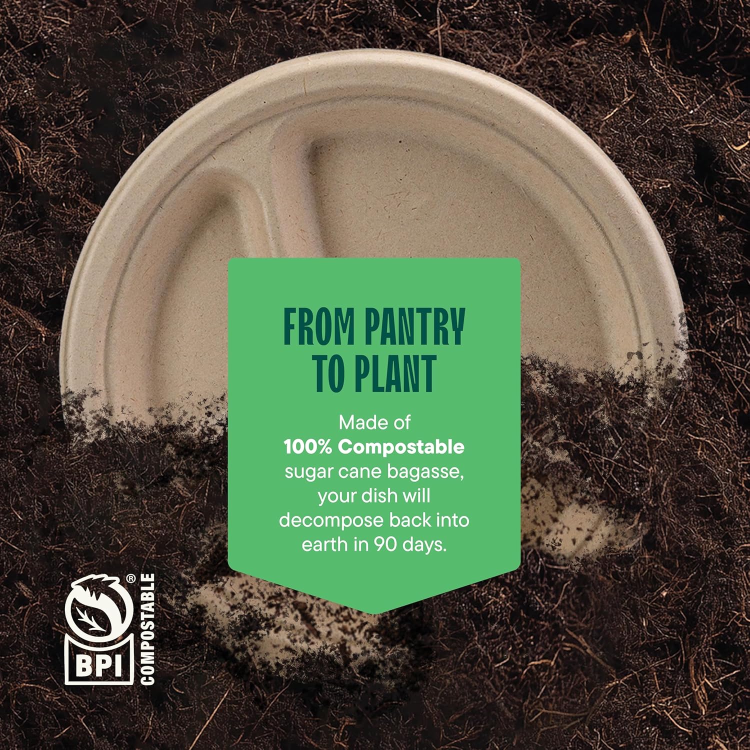 100% Compostable, 3 Compartment, Disposable Paper Plates [125-Pack] - {PFAS Free} - {BPA Certified} - [10 Inch] Heavy Duty Biodegradable Bagasse Sectional Lunch Trays + Dividers - Divided Platte Tray - Image 6