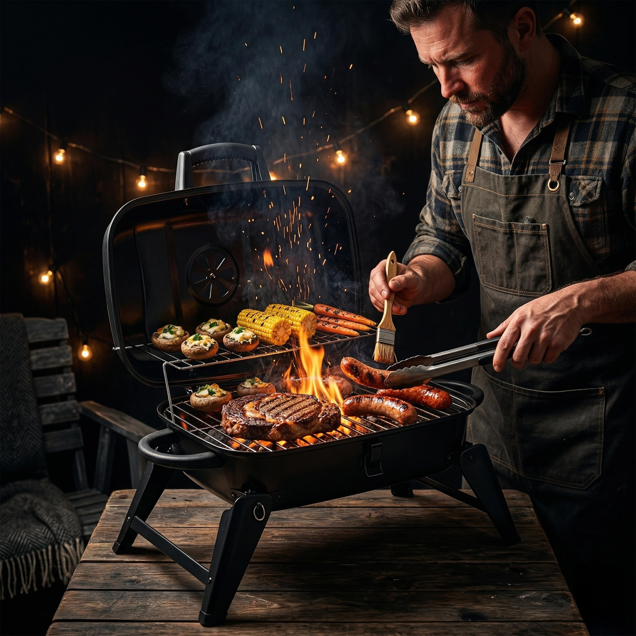 Relaxdays griglia tavolo pieghevole portatile 34x59x36 cm, acciaio nero | Scaldavivande, ventilazione, barbecue carbone