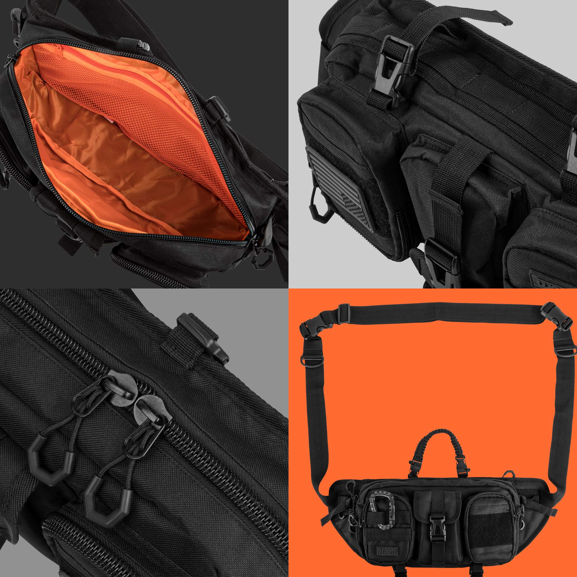 Fitdom Grand Sac Banane d'inspiration Tactique pour Homme. Accessoire Technique Parfait pour Homme Sac Banane Multifonction, Noir, Large, Grandes Poches 5 Poches