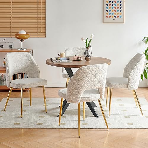 Miniatura 7 de NORDICANA Juego de 4 sillas de comedor modernas, sillas decorativas beige Boucle con patas de metal dorado, sillas laterales tapizadas para cocina,