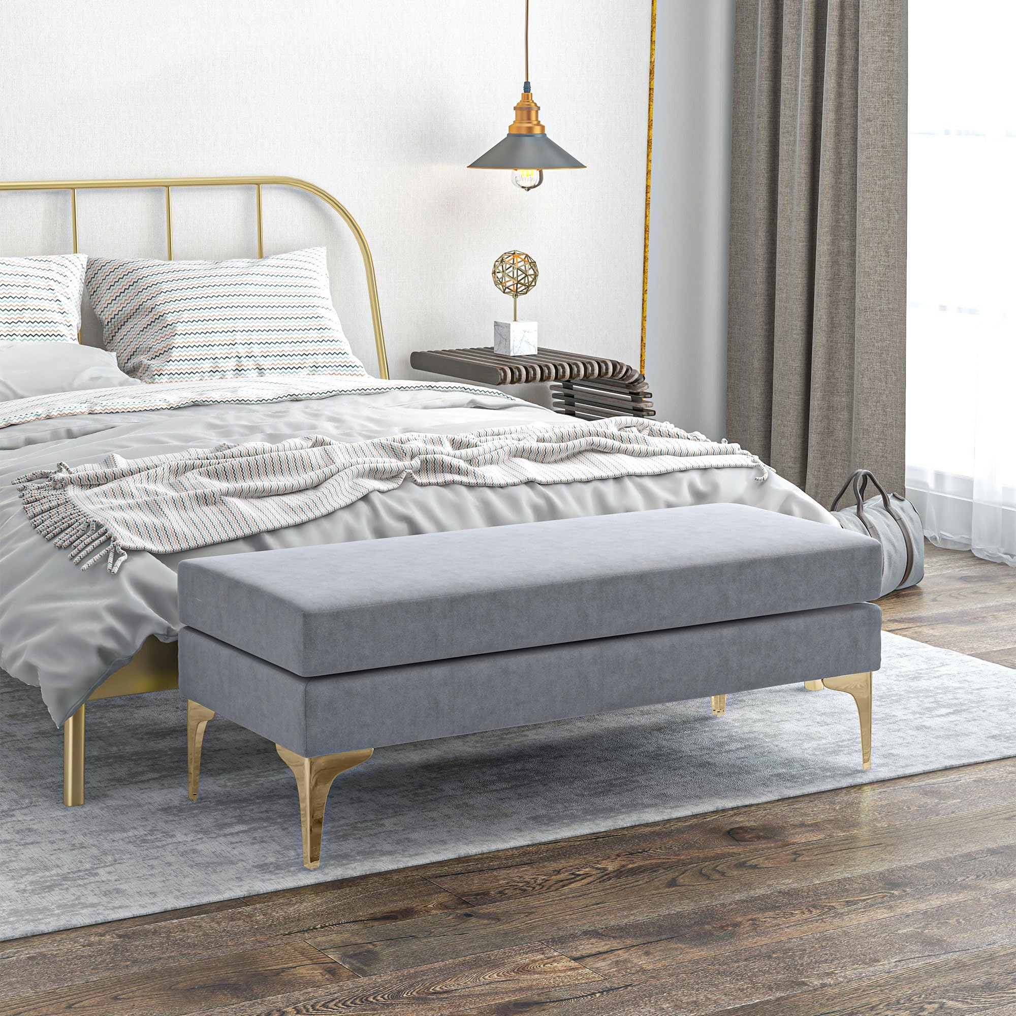 HOMCOM Banc Bout de lit Banquette Banc d'entrée Coussins d'assise Double Pieds en Acier Design Moderne Grande capacité de Charge 120 Kg 121 x 50,5 x 46,5 cm Gris Clair