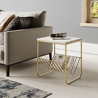 Hallowood Furniture Bourton Golden Metal Side Table with Marble Top for Living Room – Bedside Table With Power Coated Metal Frame for Bedroom – Sofa Coffee Magazine Table – Bedside End Tables