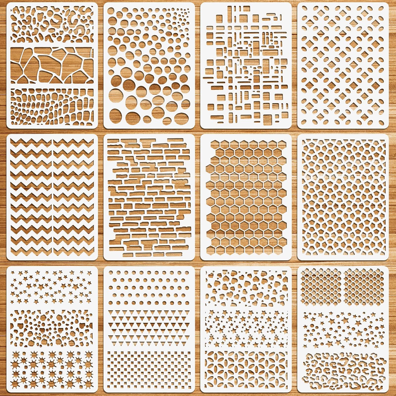 OOTSR 12Pcs Drawing Stencils, Reusable Painting Template Stencils for Crafts, Plastic Stencils for Painting on Wood, Furniture Wall Home Decor DIY Scrapbooking