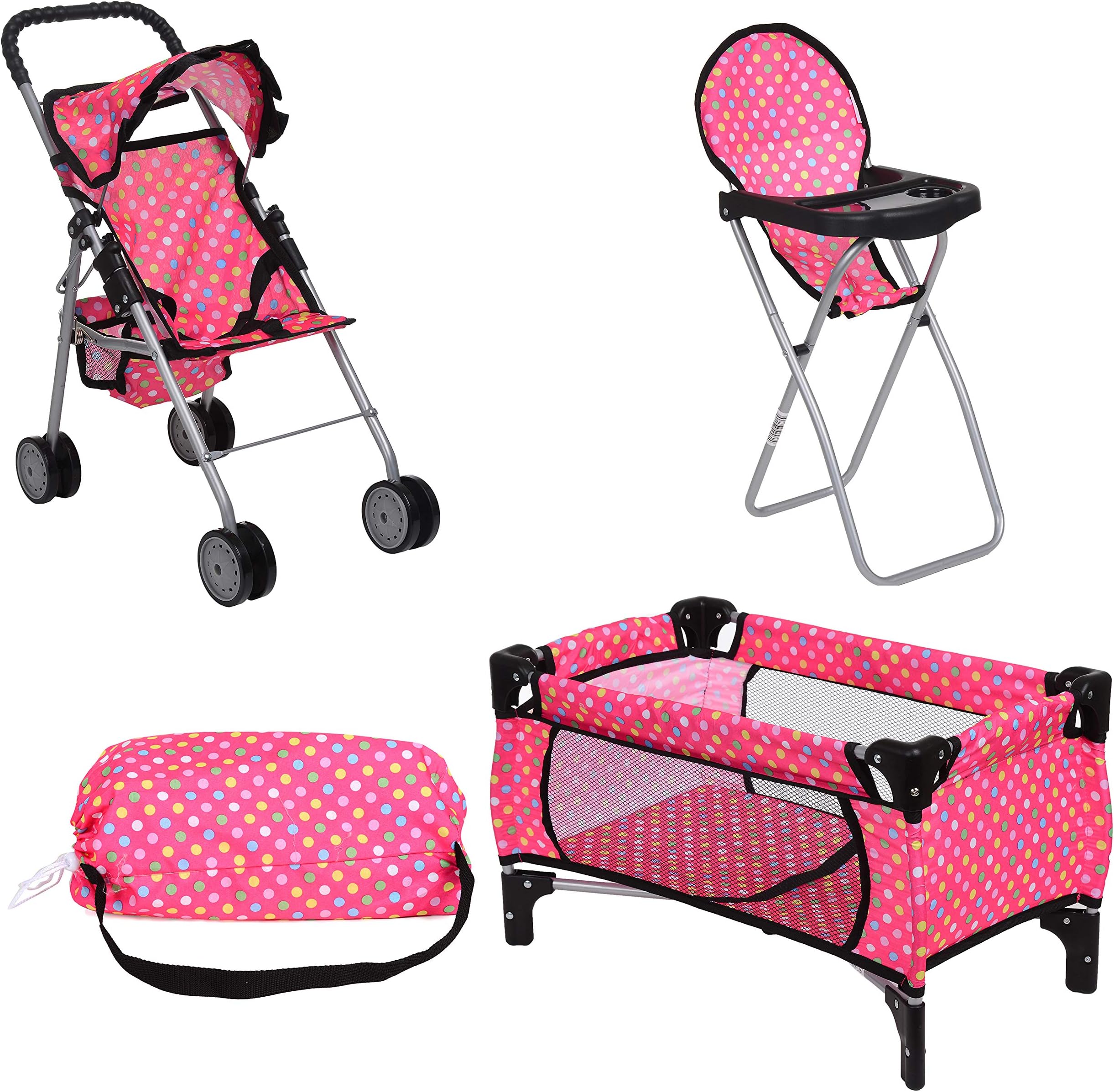 Fash n kolor 3 Piece Baby Doll Play Set โ Polka-Dot Design Pack n Play, Foldable Doll Stroller, High Chair โ Fits 18 Inch Dolls โ Pretend Play Doll Nursery Accessories Set