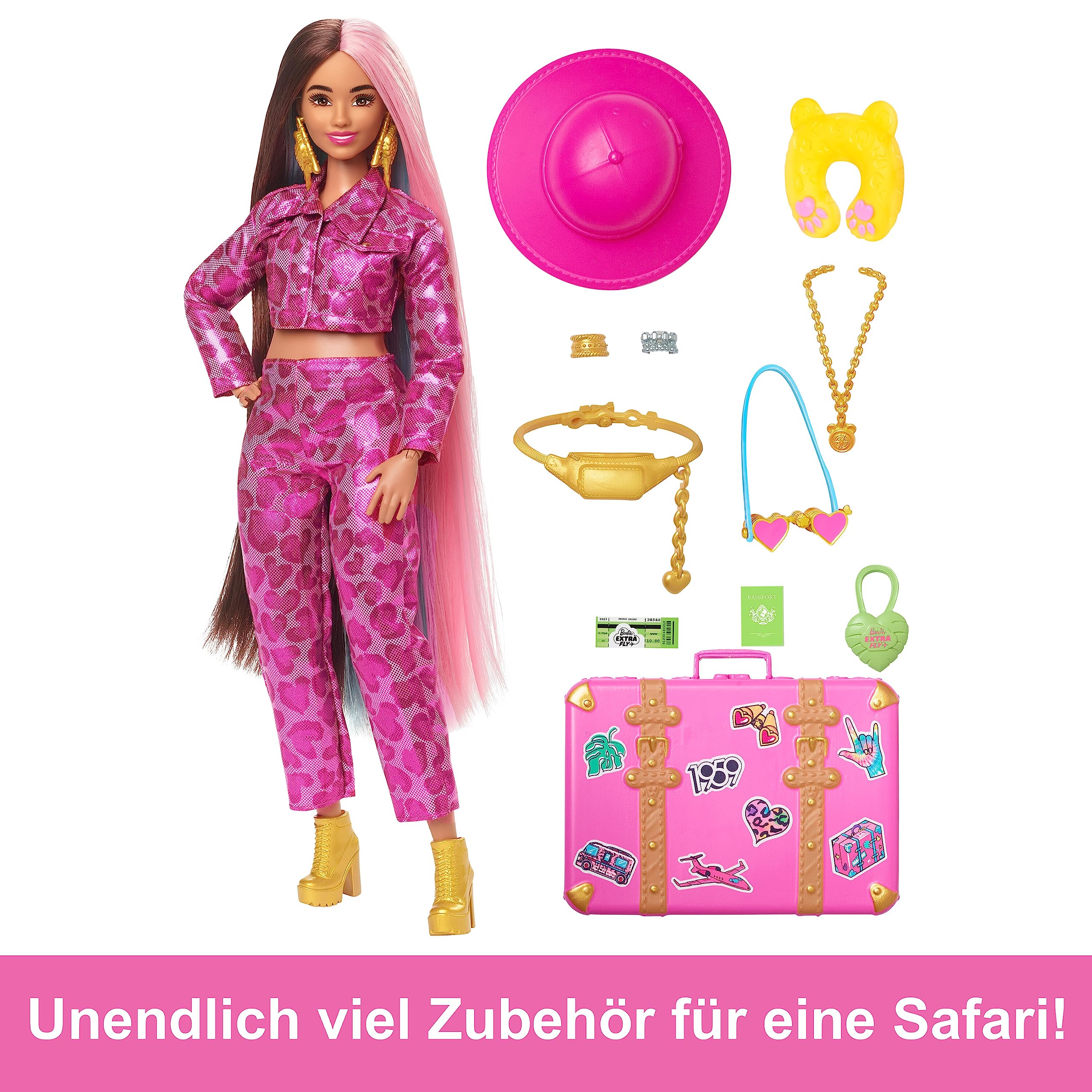 Barbie Extra Fly - Safari-Reise-Puppe mit pinkem Outfit und Zubehör, beweglicher Körper, 15 Accessoires inklusive Koffer, Pass und Fernglas, für Kinder ab 3 Jahren, HPT48