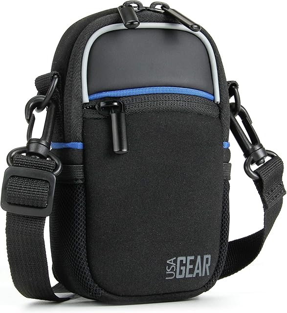 USA GEAR Compact Camera Case (Black) Point and Shoot Camera Bag with Accessory Pockets, Rain Cover and Shoulder Strap - Compatible with Sony CyberShot, Canon PowerShot ELPH, Nikon COOLPIX and More