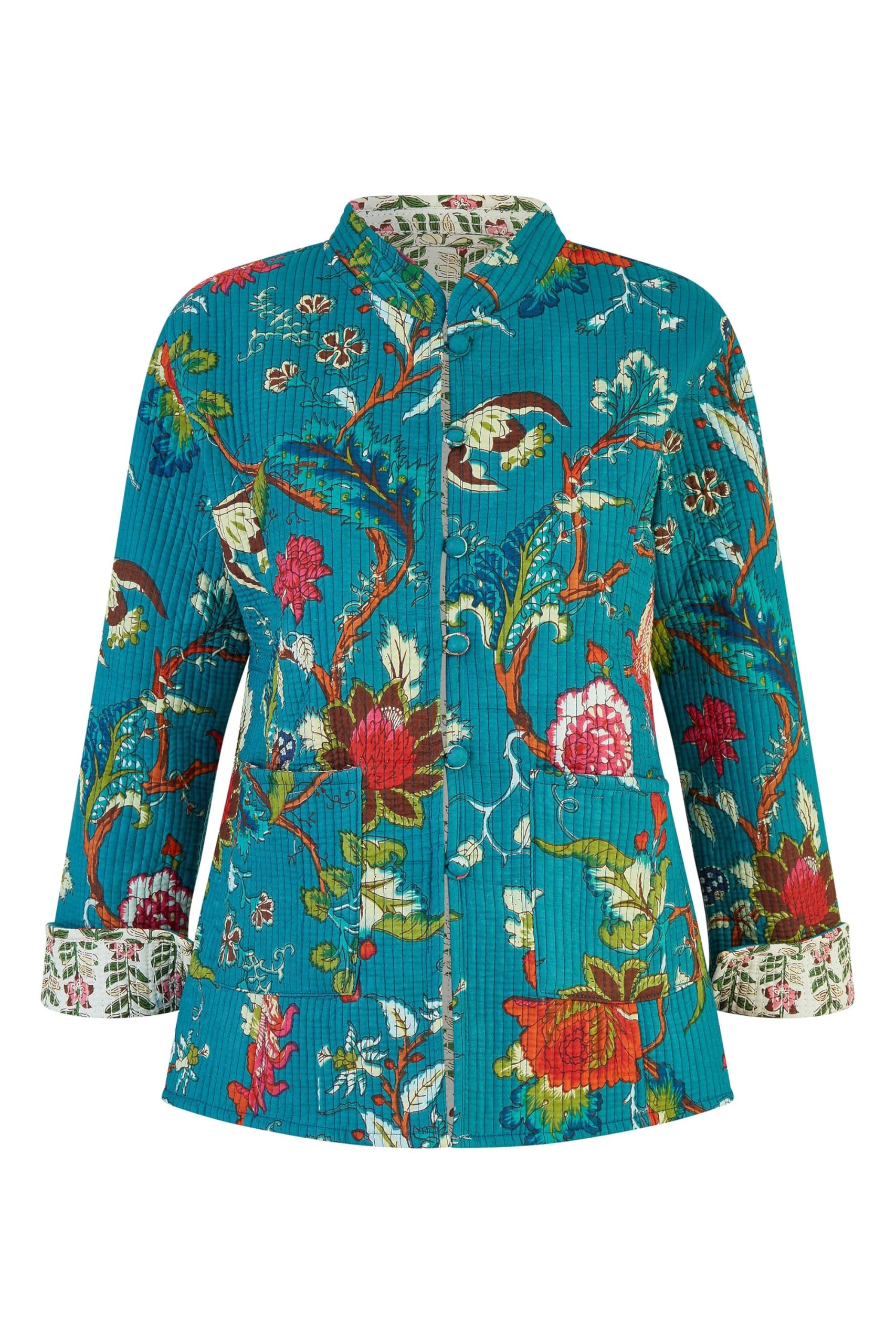 Yumi Teal Floral Print Reversible Cotton Quilted Jacket 16 Teal